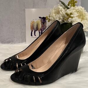 NEW Calvin Klein Wedge Flare Leather Peep Toe Pumps Black Size 6 NWOT